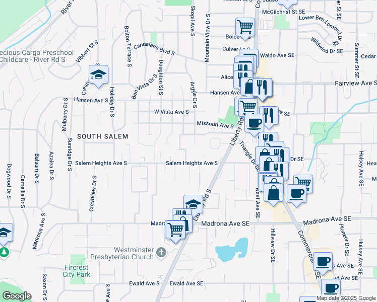 map of restaurants, bars, coffee shops, grocery stores, and more near 301 Salem Heights Avenue South in Salem