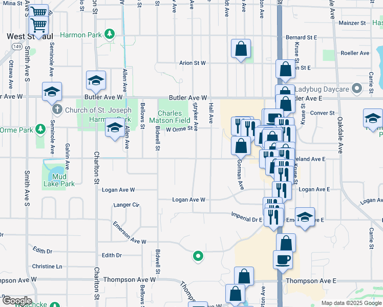 map of restaurants, bars, coffee shops, grocery stores, and more near 78 Moreland Avenue West in West Saint Paul