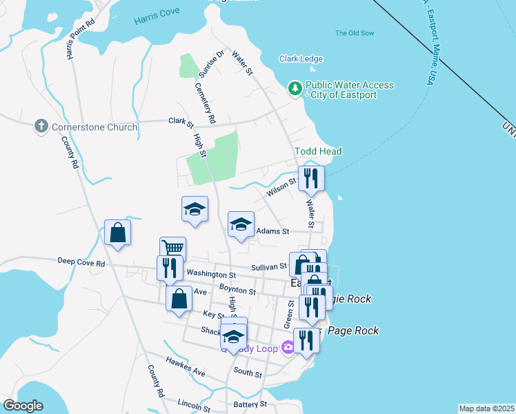 map of restaurants, bars, coffee shops, grocery stores, and more near 8 Gilman Street in Eastport