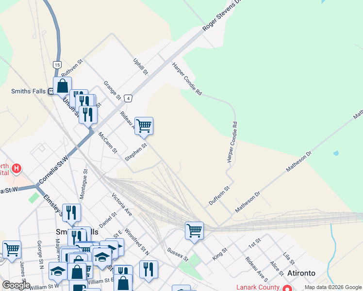 map of restaurants, bars, coffee shops, grocery stores, and more near 37 Rideau Avenue North in Smiths Falls