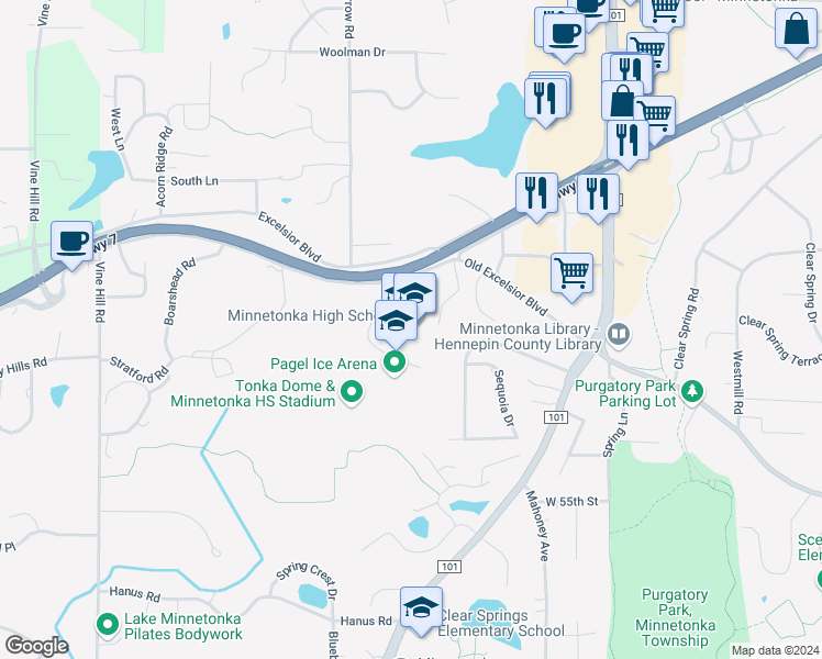 map of restaurants, bars, coffee shops, grocery stores, and more near 18301 Minnesota 7 in Minnetonka
