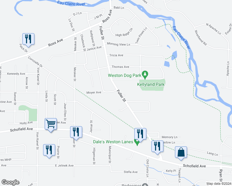 map of restaurants, bars, coffee shops, grocery stores, and more near 5707 Moyer Avenue in Schofield
