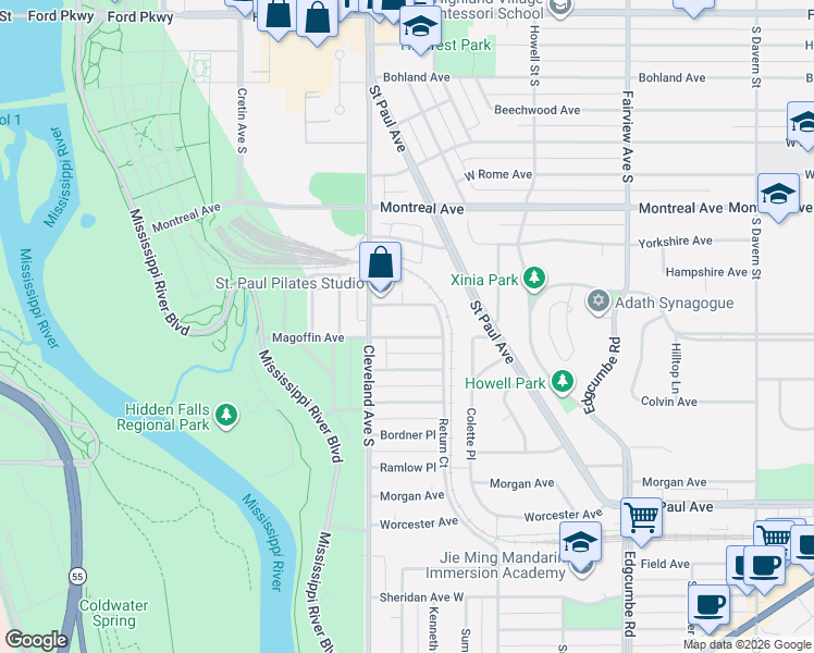 map of restaurants, bars, coffee shops, grocery stores, and more near 2036 Magoffin Avenue in Saint Paul