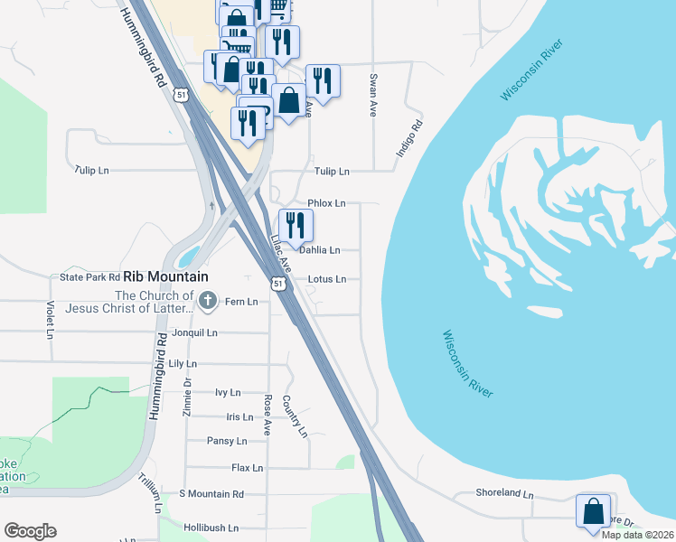 map of restaurants, bars, coffee shops, grocery stores, and more near 905 Lotus Lane in Wausau
