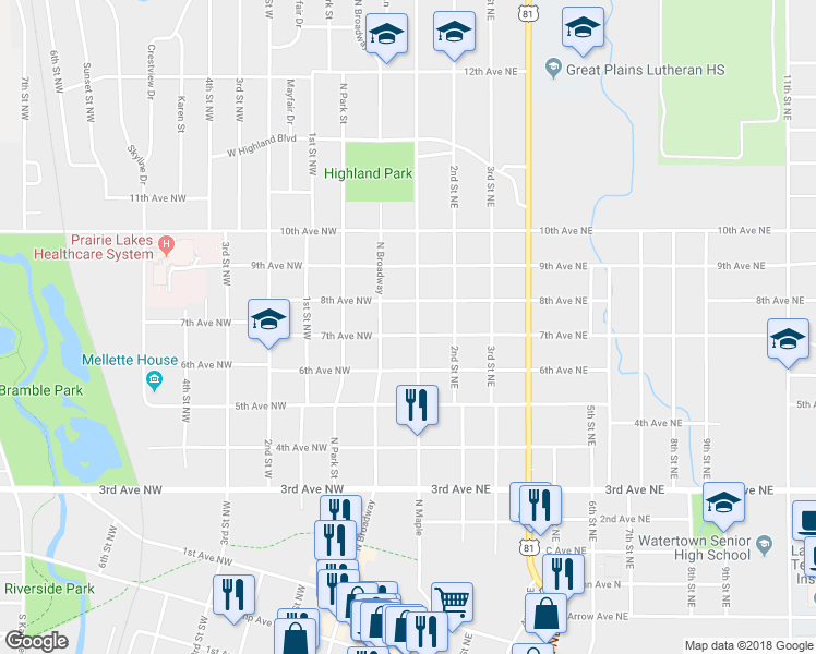 map of restaurants, bars, coffee shops, grocery stores, and more near 703 North Maple in Watertown