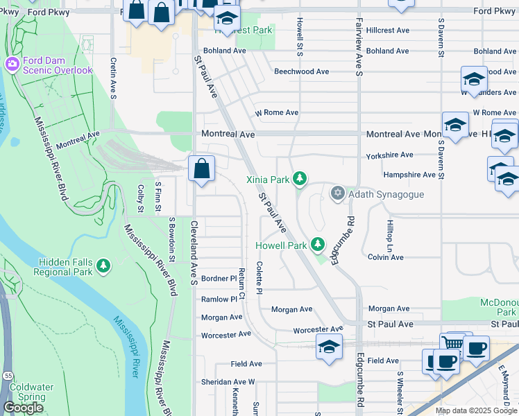 map of restaurants, bars, coffee shops, grocery stores, and more near 1048 Saint Paul Avenue in Saint Paul
