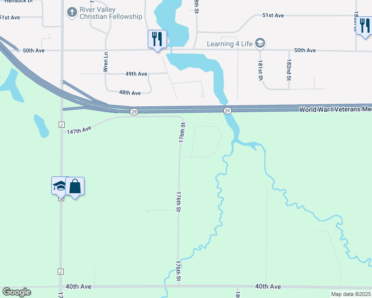 map of restaurants, bars, coffee shops, grocery stores, and more near 18179 45th Avenue in Chippewa Falls