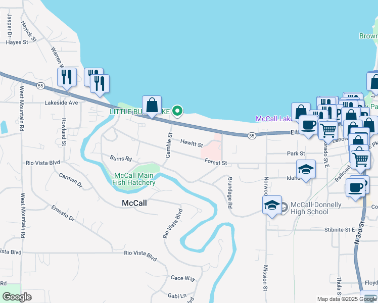 map of restaurants, bars, coffee shops, grocery stores, and more near 201-223 Hewitt St in McCall