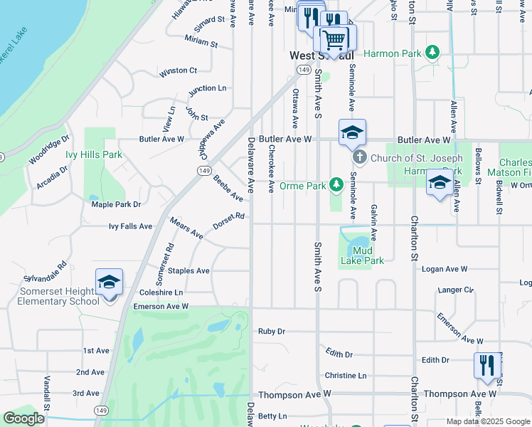 map of restaurants, bars, coffee shops, grocery stores, and more near 1197 Cherokee Avenue in Saint Paul