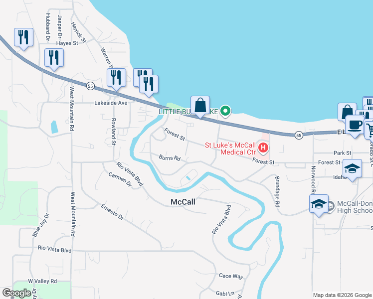map of restaurants, bars, coffee shops, grocery stores, and more near 311 Forest Street in McCall