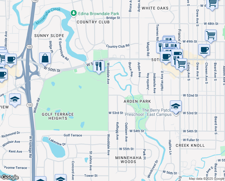 map of restaurants, bars, coffee shops, grocery stores, and more near 5115 Wooddale Glen in Minneapolis