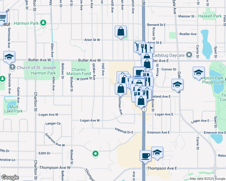 map of restaurants, bars, coffee shops, grocery stores, and more near 1196 Hall Avenue in Saint Paul