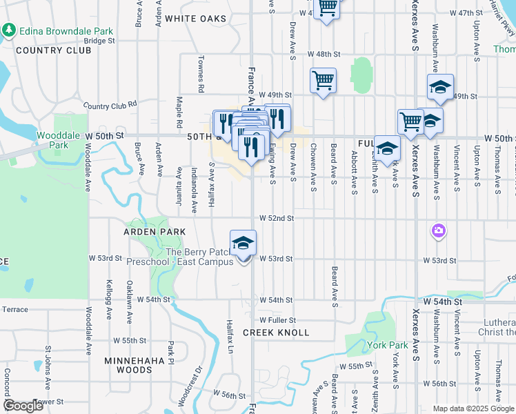 map of restaurants, bars, coffee shops, grocery stores, and more near 5117 France Avenue South in Minneapolis