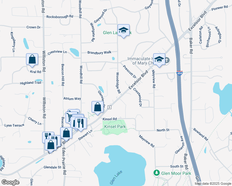 map of restaurants, bars, coffee shops, grocery stores, and more near 5152 Woodridge Road in Minnetonka