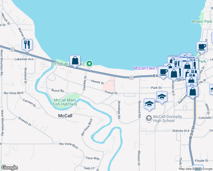 map of restaurants, bars, coffee shops, grocery stores, and more near 223 Hewitt Street in McCall