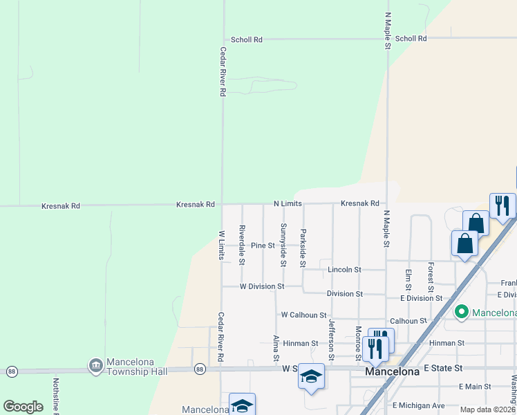 map of restaurants, bars, coffee shops, grocery stores, and more near 1075 North Limits in Mancelona