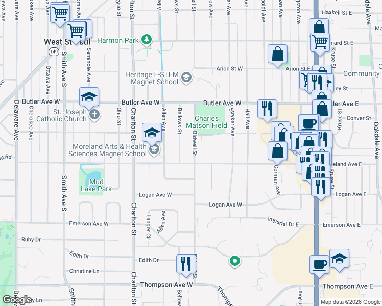 map of restaurants, bars, coffee shops, grocery stores, and more near 1201 Bidwell Street in Saint Paul