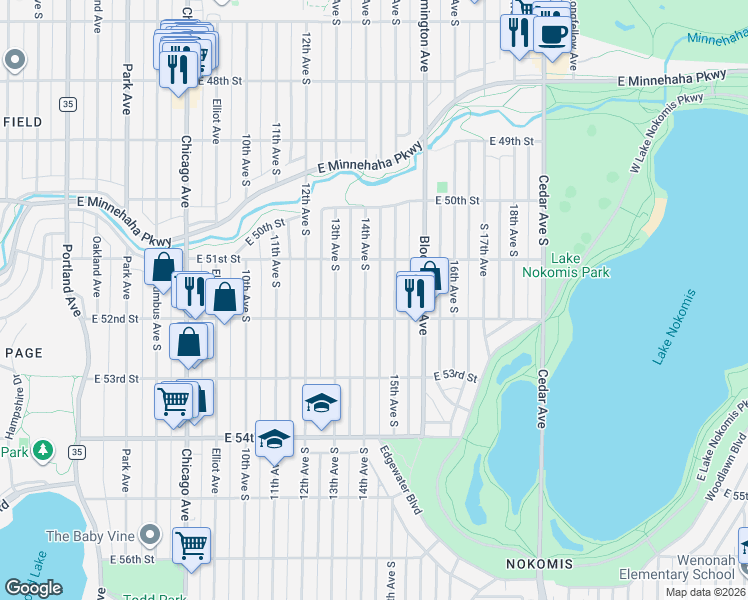 map of restaurants, bars, coffee shops, grocery stores, and more near 5120 14th Avenue South in Minneapolis