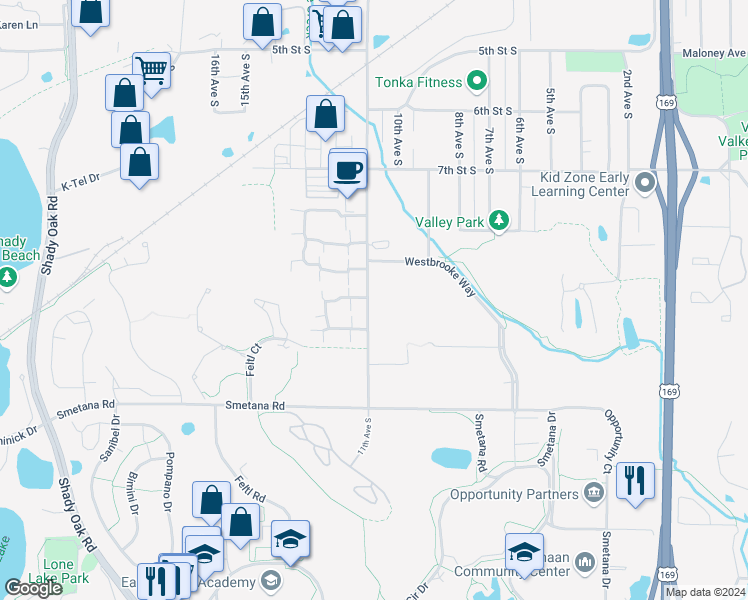map of restaurants, bars, coffee shops, grocery stores, and more near 1101 Trailwood North in Hopkins