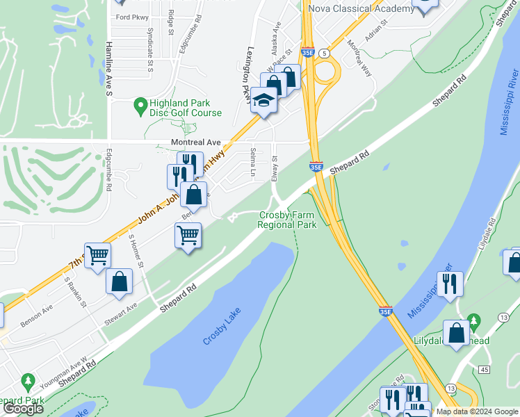 map of restaurants, bars, coffee shops, grocery stores, and more near 1111 Elway Street in Saint Paul