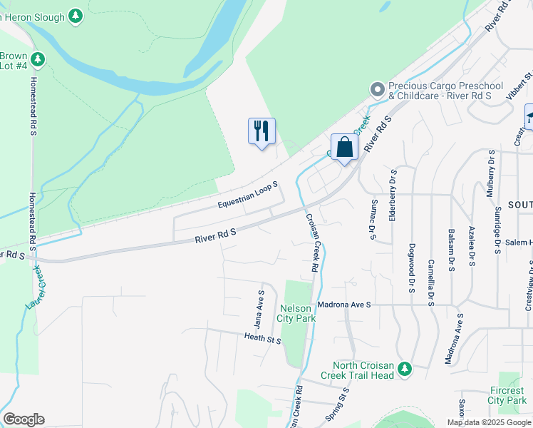 map of restaurants, bars, coffee shops, grocery stores, and more near 2240 Equestrian Loop South in Salem