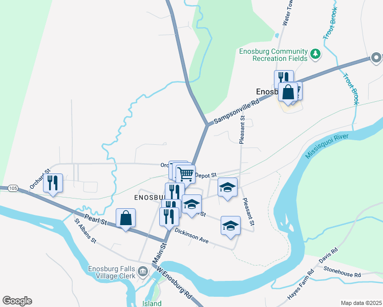 map of restaurants, bars, coffee shops, grocery stores, and more near 523 Main Street in Enosburg