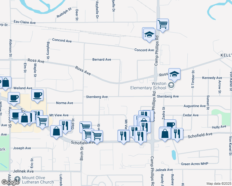 map of restaurants, bars, coffee shops, grocery stores, and more near 3605 Ross Avenue in Schofield