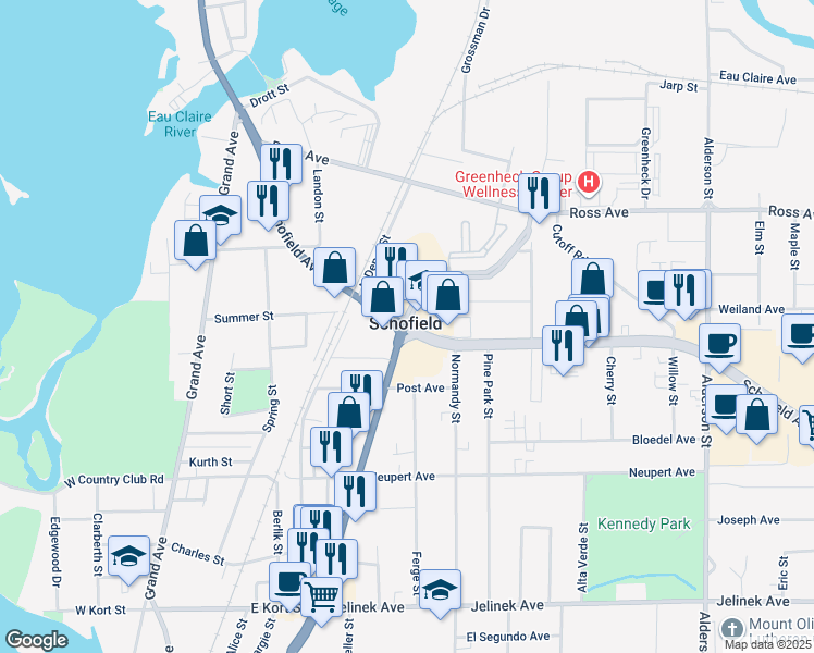 map of restaurants, bars, coffee shops, grocery stores, and more near in Schofield