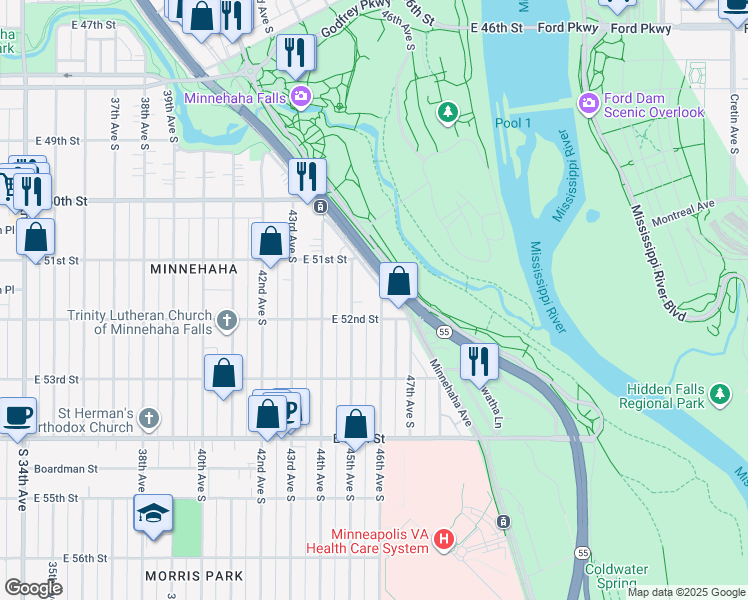 map of restaurants, bars, coffee shops, grocery stores, and more near 5123 45th Avenue South in Minneapolis