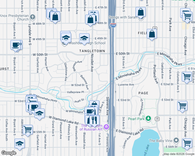 map of restaurants, bars, coffee shops, grocery stores, and more near 10 Luverne Avenue in Minneapolis