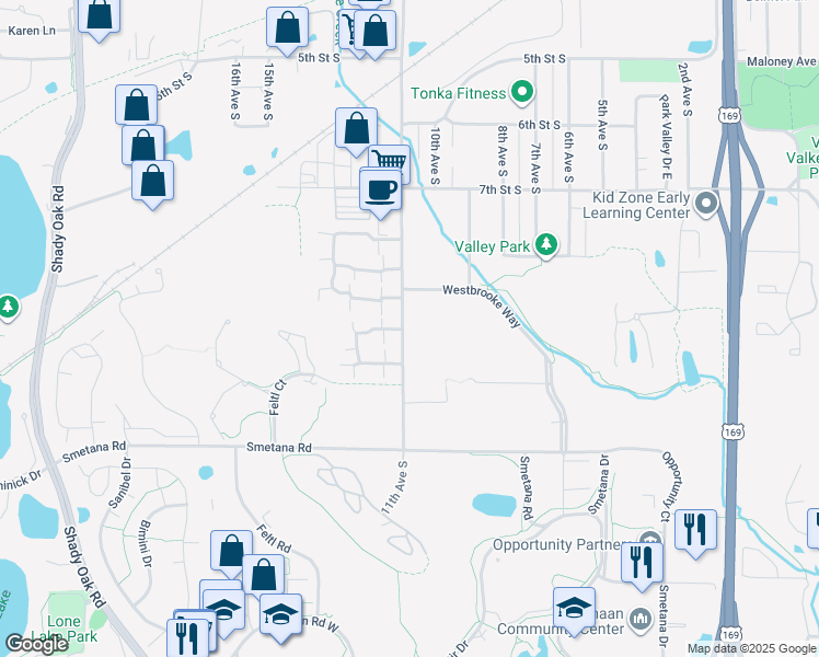 map of restaurants, bars, coffee shops, grocery stores, and more near 1101 Trailwood North in Hopkins