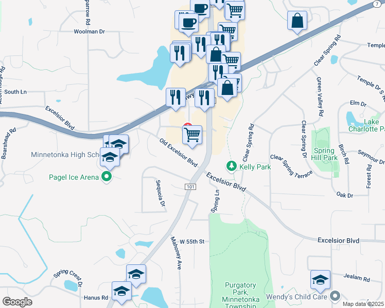 map of restaurants, bars, coffee shops, grocery stores, and more near 5130 County Road 101 in Minnetonka