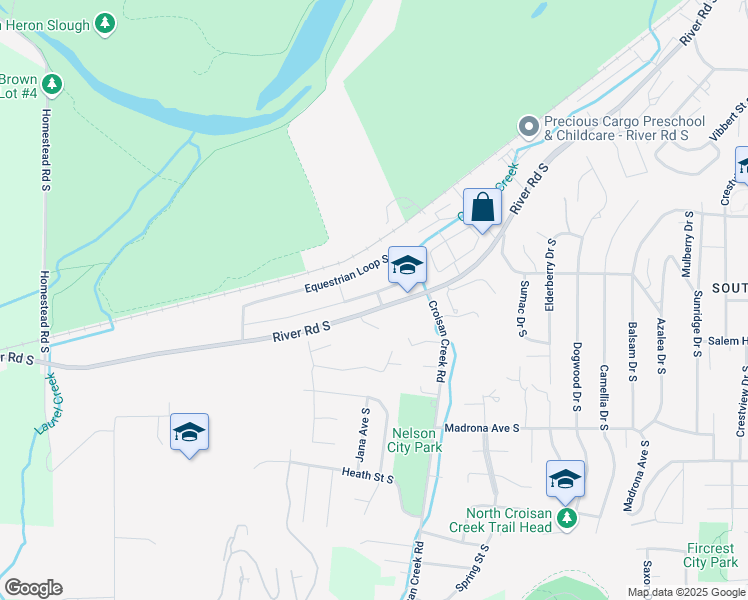 map of restaurants, bars, coffee shops, grocery stores, and more near 2240 Equestrian Loop South in Salem