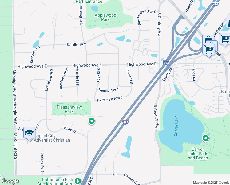 map of restaurants, bars, coffee shops, grocery stores, and more near 2559 Nemitz Avenue East in Maplewood