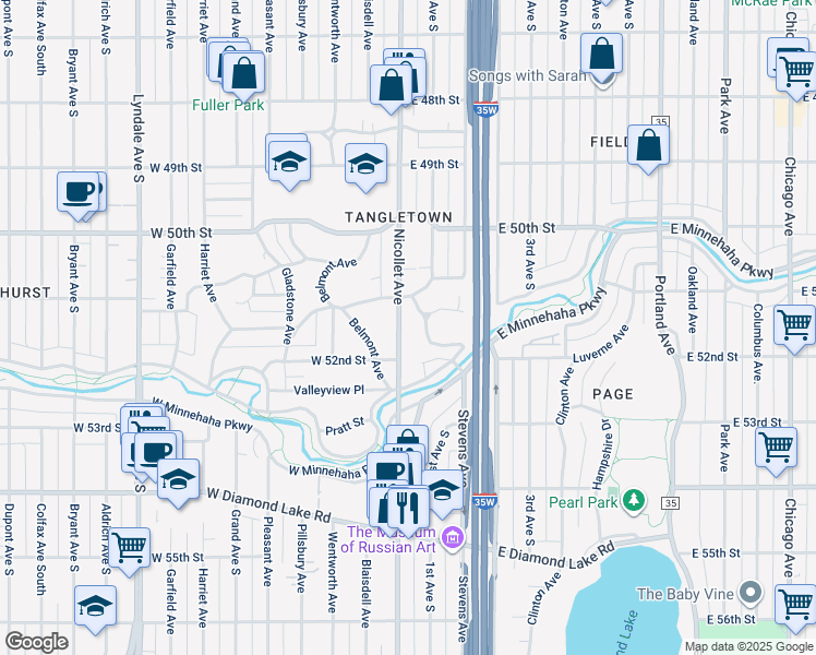 map of restaurants, bars, coffee shops, grocery stores, and more near 10 Luverne Avenue in Minneapolis