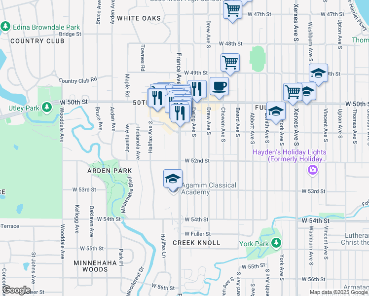 map of restaurants, bars, coffee shops, grocery stores, and more near 5117 France Avenue South in Minneapolis