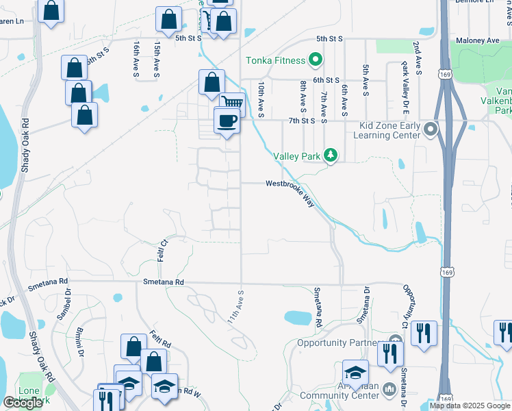map of restaurants, bars, coffee shops, grocery stores, and more near 1101 Trailwood North in Hopkins