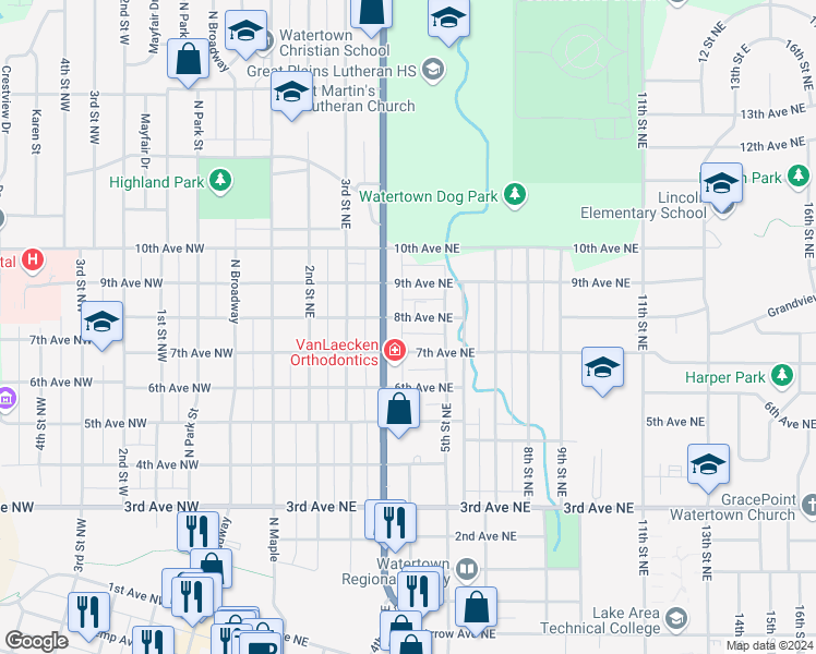 map of restaurants, bars, coffee shops, grocery stores, and more near 422 8th Avenue Northeast in Watertown