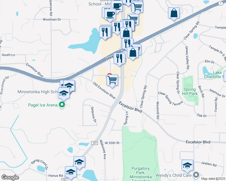 map of restaurants, bars, coffee shops, grocery stores, and more near 17710 Old Excelsior Boulevard in Minnetonka