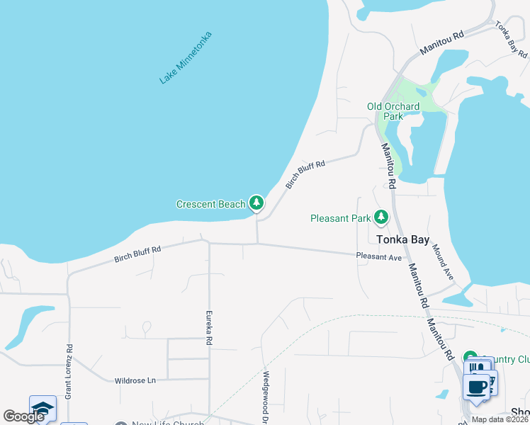 map of restaurants, bars, coffee shops, grocery stores, and more near 230 Birch Bluff Road in Excelsior