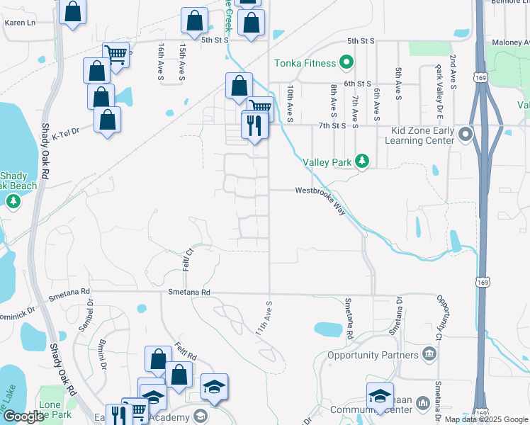 map of restaurants, bars, coffee shops, grocery stores, and more near 1101 Trailwood North in Hopkins