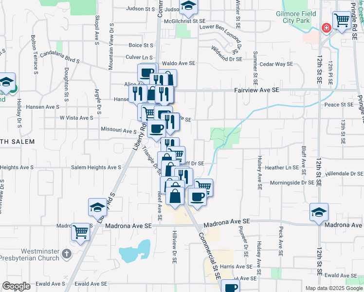 map of restaurants, bars, coffee shops, grocery stores, and more near 427 Ratcliff Drive Southeast in Salem