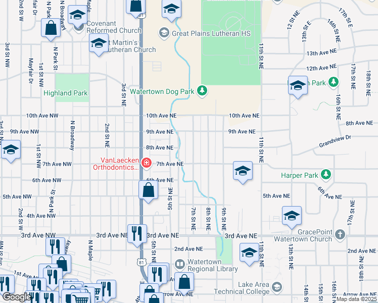 map of restaurants, bars, coffee shops, grocery stores, and more near 701-899 7th St NE in Watertown
