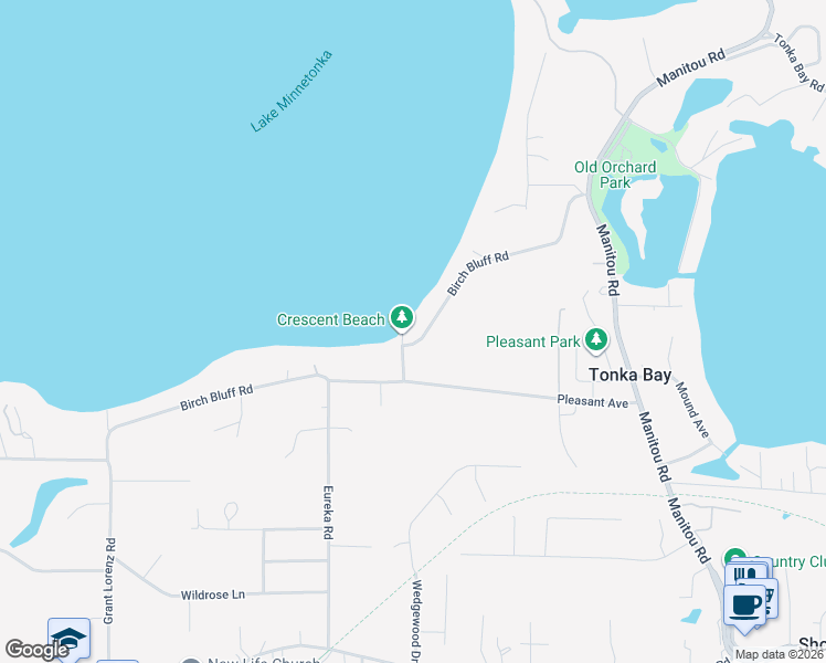 map of restaurants, bars, coffee shops, grocery stores, and more near 230 Birch Bluff Road in Excelsior