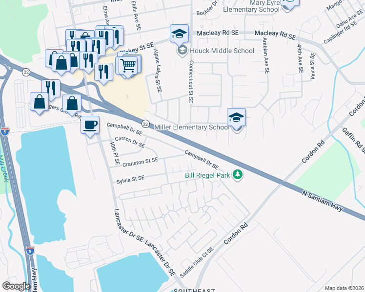 map of restaurants, bars, coffee shops, grocery stores, and more near 4323 Campbell Drive Southeast in Salem