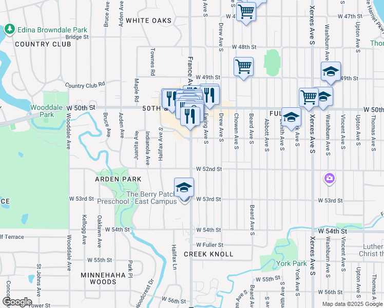 map of restaurants, bars, coffee shops, grocery stores, and more near 5117 France Avenue South in Minneapolis