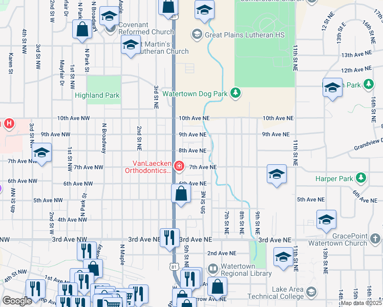 map of restaurants, bars, coffee shops, grocery stores, and more near 422 8th Avenue Northeast in Watertown