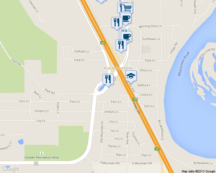 map of restaurants, bars, coffee shops, grocery stores, and more near 5209 Rib Mountain Drive in Wausau