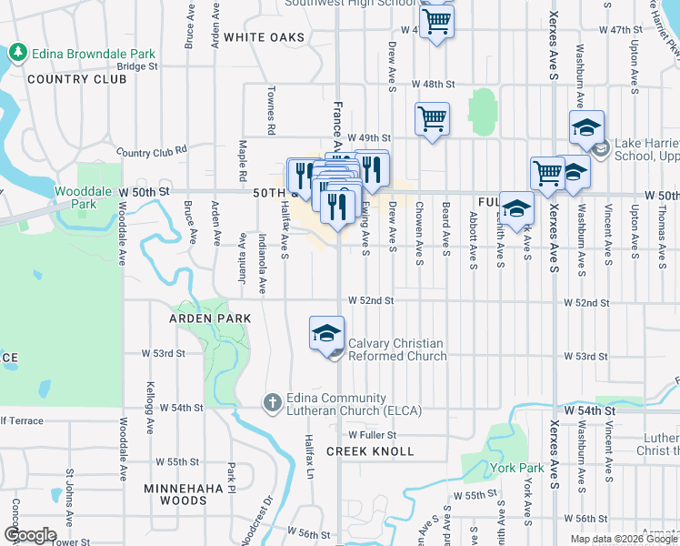 map of restaurants, bars, coffee shops, grocery stores, and more near 5117 France Avenue South in Minneapolis