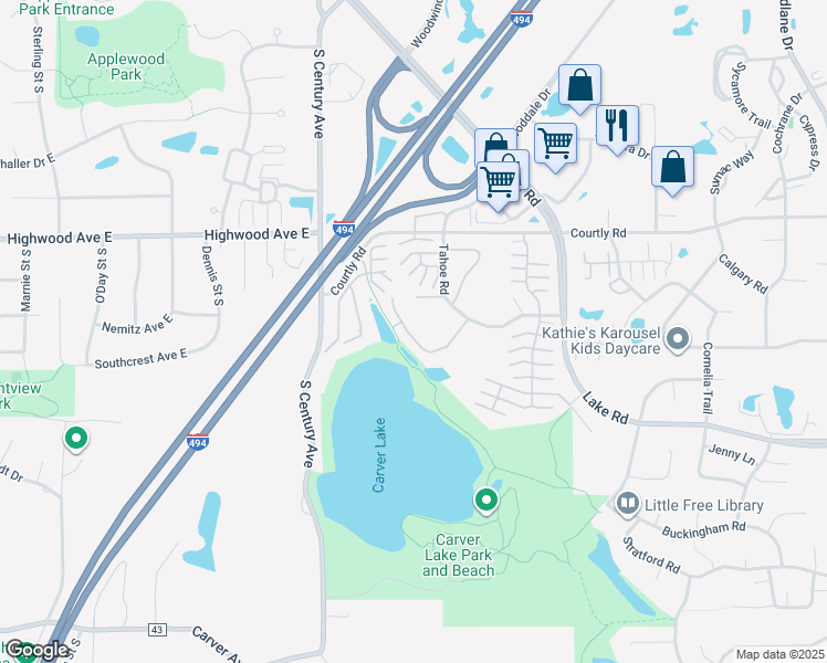 map of restaurants, bars, coffee shops, grocery stores, and more near 6271 Tahoe Place in Saint Paul
